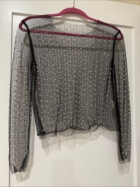 Sheer Black Pearl-Embellished Long-Sleeve Top